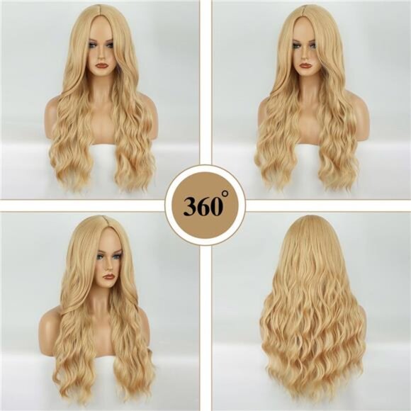 Blonde Wig Long Wavy Wig For Women Middle Part Long Blonde Wigs Synthetic - Picture 3 of 5